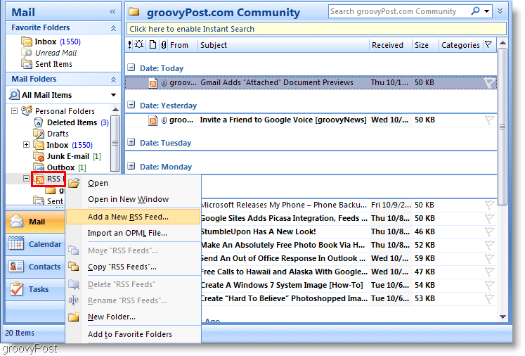 Screenshot Microsoft Outlook 2007 Προσθήκη νέας ροής RSS