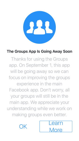Το Facebook θα διακόψει την εφαρμογή Groups για iOS και Android μετά την 1η Σεπτεμβρίου 2017.