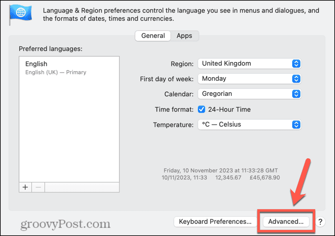 σύνθετες ρυθμίσεις γλώσσας και περιοχής mac