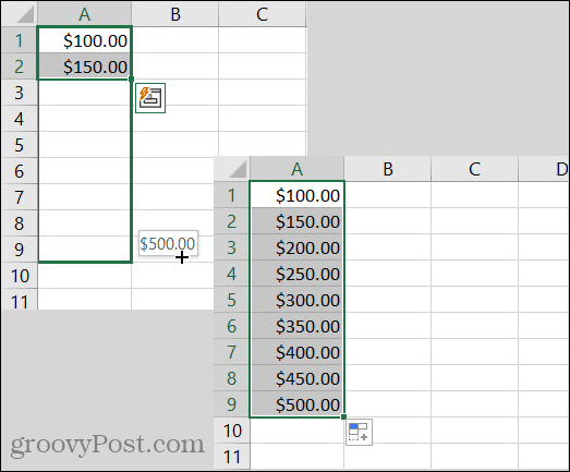 Μοτίβο νομίσματος αυτόματης συμπλήρωσης του Excel