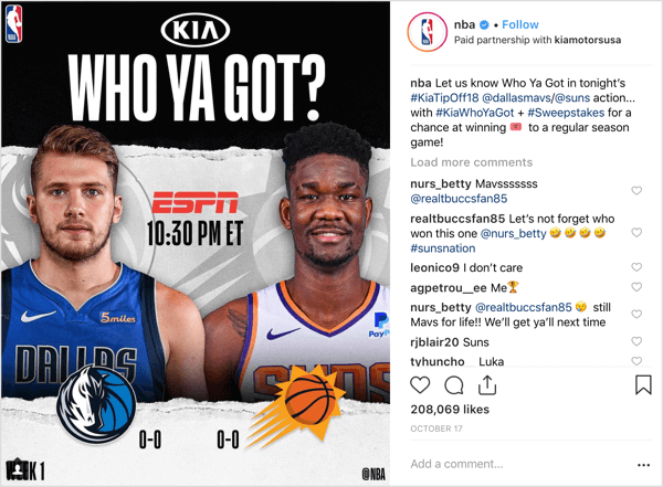 Το NBA συνεργάστηκε με τον χορηγό Kia Motors για να δώσει τα εισιτήρια παιχνιδιών στην αρχή της σεζόν στο Instagram.