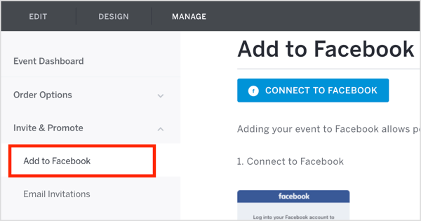 Στην καρτέλα On the Eventbrite Manage, κάντε κλικ στην επιλογή Πρόσκληση και προώθηση και επιλέξτε Προσθήκη στο Facebook από το αναπτυσσόμενο μενού.