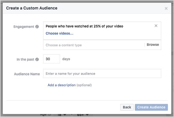 Προσαρμοσμένο κοινό Facebook βάσει προβολών βίντεο σε 30 ημέρες.