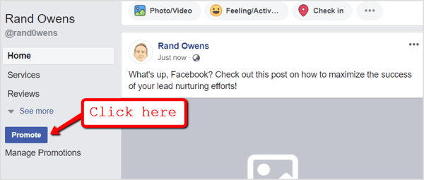 Μεταβείτε στη σελίδα σας στο Facebook και κάντε κλικ στο κουμπί Προώθηση κάτω από τις καρτέλες πλοήγησης.