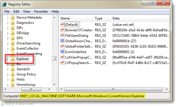 βρείτε το κλειδί του καταχωρητή που σχετίζεται με την τρέχουσα έκδοση του εξερευνητή στο μητρώο των Windows 7