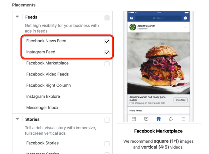 Οι τοποθετήσεις ροής ειδήσεων Facebook και Instagram Feed έχουν επιλεγεί σε επίπεδο διαφημίσεων στο Facebook Ads Manager