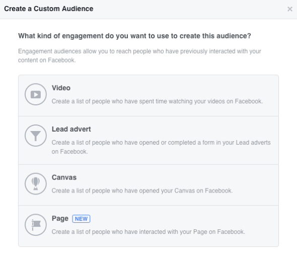 Το Facebook σάς επιτρέπει να δημιουργήσετε τέσσερα προσαρμοσμένα είδη κοινού βάσει αφοσίωσης.