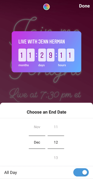 Πώς να χρησιμοποιήσετε το αυτοκόλλητο Instagram Countdown για επιχειρήσεις, ημερομηνία λήξης αντίστροφης μέτρησης βήματος 3.