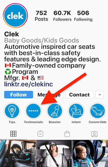 Το Instagram Stories επισημαίνει το άλμπουμ για μαρτυρίες στο επιχειρηματικό προφίλ της Clek