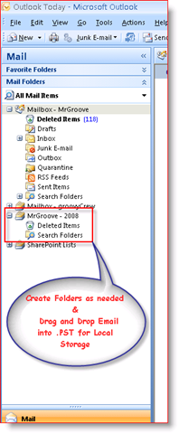 Εισερχόμενα του Outlook 2007 εμφανίζοντας το αρχείο προσωπικών δεδομένων .PST στο παράθυρο περιήγησης:: groovyPost.com