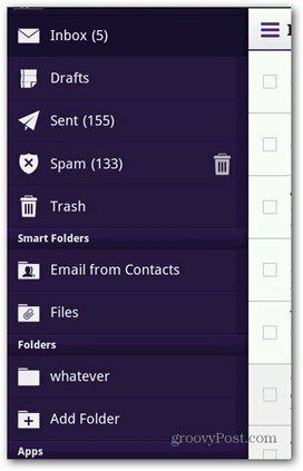 Το μενού Yahoo Mail Android