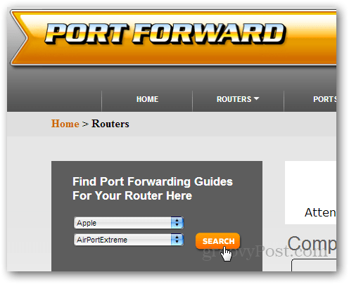 εύρεση οδηγού δρομολογητή στο portforward.com
