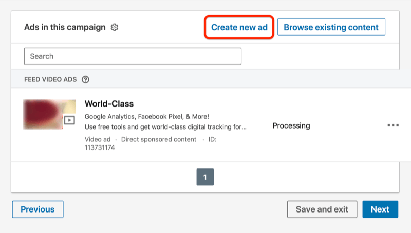 Πίνακας ελέγχου καμπάνιας Linkedin με αναφερόμενη νέα διαφήμιση βίντεο και επισημασμένο το κουμπί δημιουργίας νέας διαφήμισης