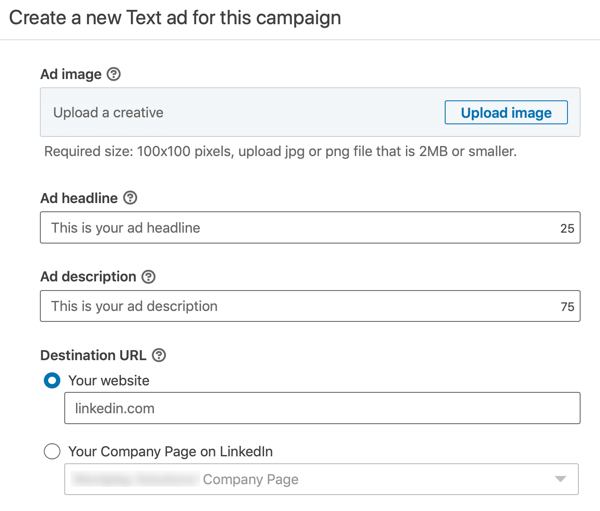 Πώς να δημιουργήσετε διαφήμιση κειμένου LinkedIn, βήμα 12, ρυθμίσεις διαφημιστικού κειμένου