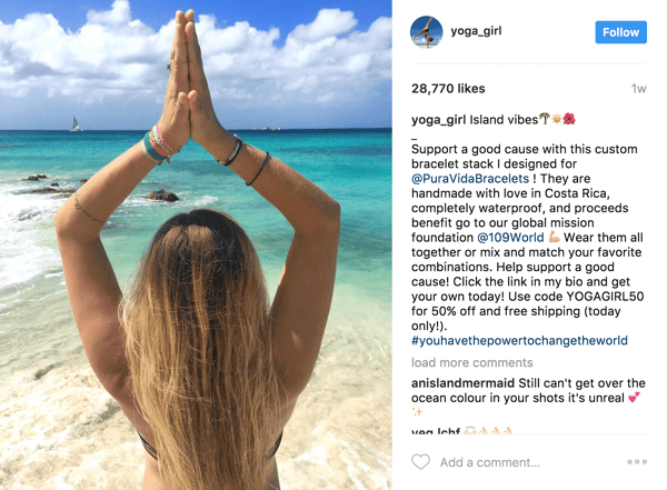 Σε αυτήν την πληρωμένη θέση του influencer, η Pura Vida μπόρεσε να αξιοποιήσει 2,1 εκατομμύρια οπαδούς της Rachel Brathen (yoga_girl) και να παρακολουθήσει την απόδοση επένδυσης μέσω ενός αποκλειστικού κουπονιού.