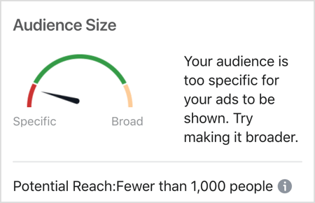 Μήνυμα μεγέθους κοινού Facebook: Το κοινό σας είναι πολύ συγκεκριμένο για την προβολή των διαφημίσεών σας.