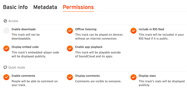 Ελέγξτε την καρτέλα Δικαιώματα για να βεβαιωθείτε ότι το αρχείο ήχου σας περιλαμβάνεται στη ροή SoundCloud RSS.