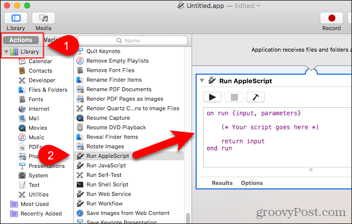 Σύρετε το Run AppleScript στην ομάδα ροής εργασίας στο Automator