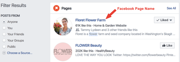 Παράδειγμα της σελίδας Facebook με το όνομα Floret Flower Farm στα αποτελέσματα αναζήτησης.