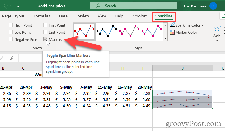 Εμφάνιση δεικτών σε Sparklines στο Excel