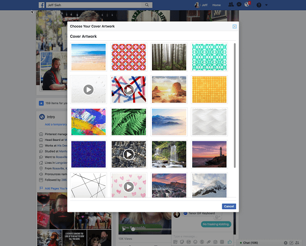 Το Facebook επιτρέπει πλέον στους χρήστες να επιλέγουν ένα βίντεο για μια εικόνα εξωφύλλου προφίλ από τη βιβλιοθήκη του Artwork. 