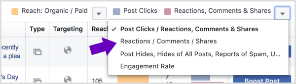Κάντε κλικ στο βέλος δίπλα στις Αντιδράσεις, τα σχόλια και τις κοινές χρήσεις στο Facebook Page Insights.