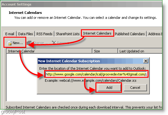 Στιγμιότυπο οθόνης του Outlook 2007 - Προσθήκη Ημερολογίου Διαδικτύου