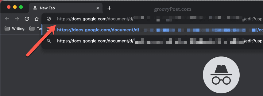 Επικόλληση ενός συνδέσμου κοινής χρήσης των Εγγράφων Google σε μια γραμμή διευθύνσεων παραθύρου ανώνυμης περιήγησης του Google Chrome