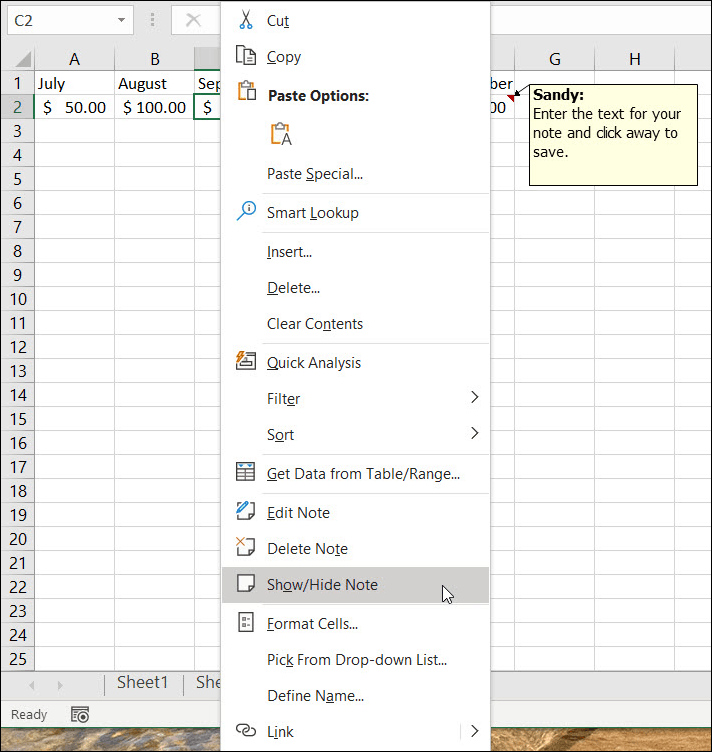 Εμφάνιση ή απόκρυψη σημειώσεων στο Excel