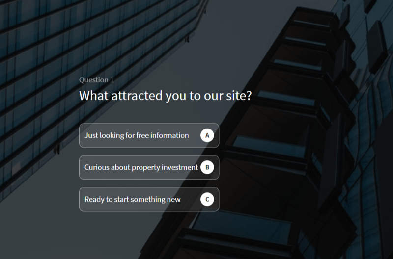 παράδειγμα ενός κουίζ ιστότοπου που χρησιμοποιείται για την πιστοποίηση δυνητικών πελατών σε έναν ιστότοπο εταιρείας κατάρτισης επενδύσεων σε ακίνητα