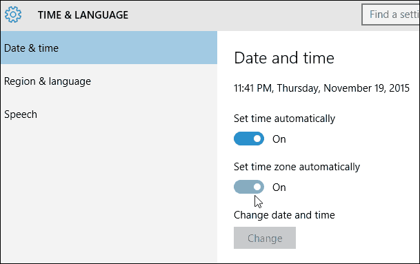 Ρύθμιση αυτόματης ζώνης ώρας Windows 10