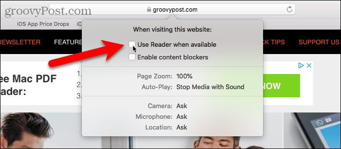 Απενεργοποιήστε τη χρήση του αναγνωστικού προγράμματος όταν είναι διαθέσιμο στο Safari για Mac