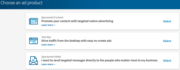 Επιλέξτε τον τύπο της διαφήμισης LinkedIn που θέλετε να δημιουργήσετε.