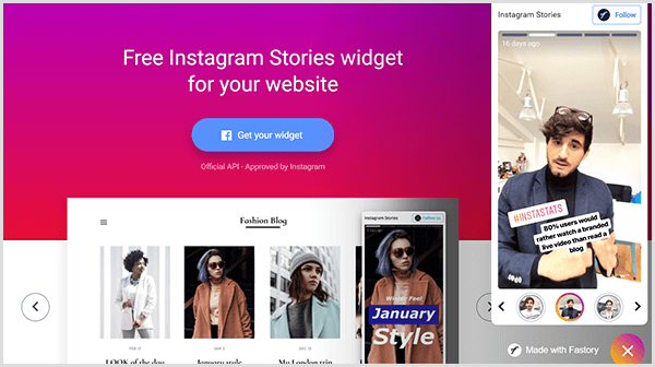 Το widget Instagram Stories από την αρχική σελίδα του Fastory έχει ένα φωτεινό ροζ φόντο κλίσης με το κείμενο Δωρεάν Widget ιστοριών Instagram για τον ιστότοπό σας. Ένα μπλε κουμπί με το λογότυπο του Facebook αναφέρει το Get Your Widget. Μια προσομοιωμένη οθόνη για κινητά που εμφανίζει μια ιστορία Instagram εμφανίζεται στη δεξιά πλευρά της ιστοσελίδας.