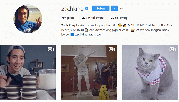 Αν και αρχικά χρησιμοποίησε το Instagram για να αναδημοσιεύσει τα αμπέλια του, ο Zach σύντομα άρχισε να δημιουργεί πρωτότυπο περιεχόμενο Instagram.