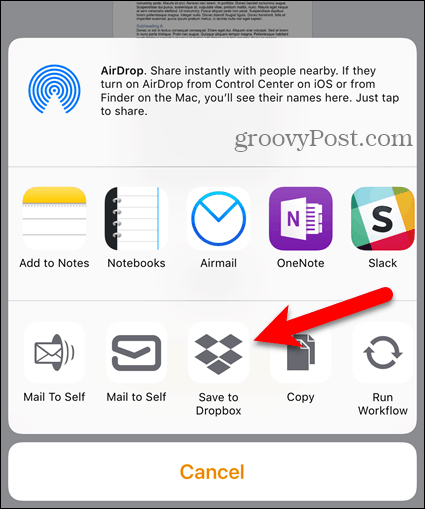 Αγγίξτε το πλαίσιο Dropbox στο Κοινό φύλλο στο iOS