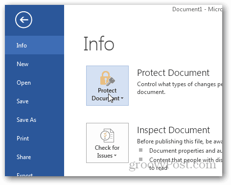 Προστασία με κωδικό πρόσβασης και κρυπτογράφηση εγγράφων του Office 2013: Κάντε κλικ στην επιλογή Προστασία εγγράφου
