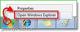 για να εισέλθετε στον εξερευνητή των Windows 7, κάντε δεξί κλικ στο ποντίκι εκκίνησης και κάντε κλικ στο άνοιγμα των εξερευνητών παραθύρων