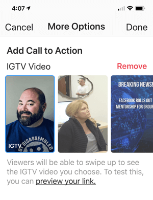 Οριστικοποίηση της προσθήκης ενός συνδέσμου βίντεο IGTV στην ιστορία σας στο Instagram.