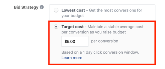 Επιλογή προσφοράς κόστους στόχου Facebook.