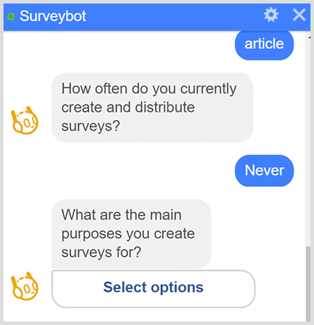 Ένα bot messenger υποβάλλει μια σειρά ερωτήσεων έρευνας.