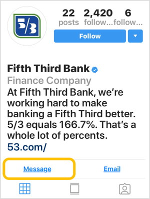Προφίλ Instagram για τράπεζα με κουμπί παρότρυνσης για δράση μηνύματος.