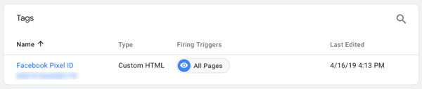 Χρησιμοποιήστε το Google Tag Manager με το Facebook, βήμα 7, δείτε την ετικέτα που πήρε το όνομά σας από το Facebook Pixel