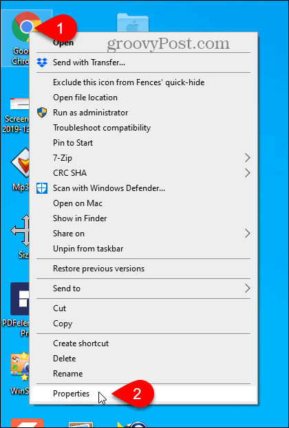 Επιλέξτε Ιδιότητες για συντόμευση υπολογιστή Chrome