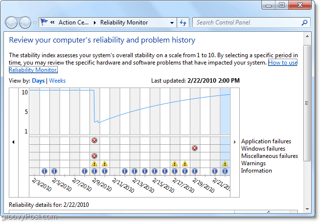 Πώς να χρησιμοποιήσετε το Εργαλείο ιστορικό αξιοπιστίας για να εντοπίσετε τα ζητήματα των Windows 7