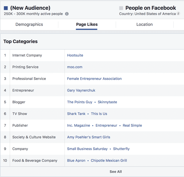 Προτιμήσεις σελίδας για κοινό βάσει ενδιαφέροντος στο Facebook Ads Manager.