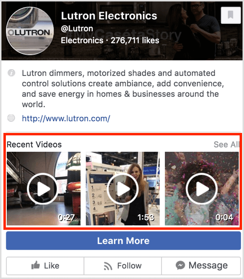 Προεπισκόπηση σελίδας στο Facebook που εμφανίζει πρόσφατα βίντεο.