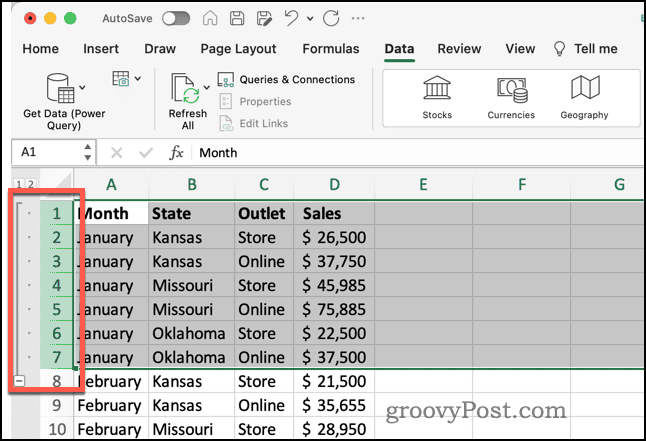 Ομάδα γραμμών με στοιχεία ελέγχου στο Excel