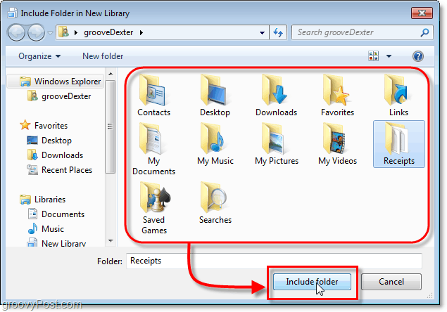επιλέξτε ένα φάκελο που θα συμπεριληφθεί στις βιβλιοθήκες των Windows 7