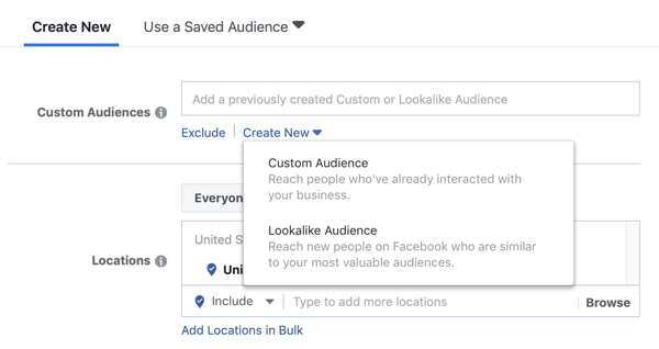 Επιλογές για τη χρήση προσαρμοσμένου κοινού ή παρόμοιου κοινού για μια διαφημιστική καμπάνια στο Facebook.